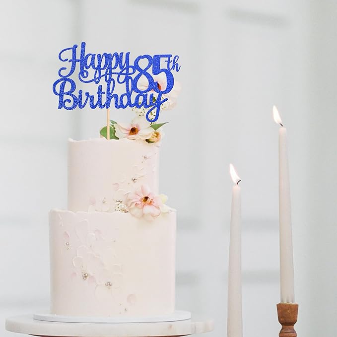 1 PCS Happy 85th Birthday Cake Topper Glitter Cheers to 85 Years Birthday Cake Pick Eighty Five 85 Fabulous Cake Decoration for Happy 85th Birthday Theme Party Decorations Supplies Blue