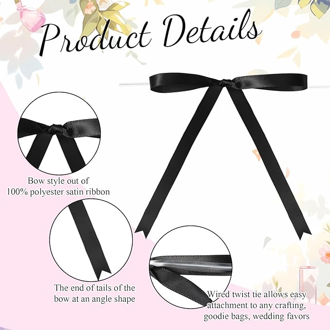 Riceshoot 100 Pcs Twist Tie Bows Bulk 5x7 Inch Satin Ribbon Bows for Gift Wrapping Cake Treat Bags Craft DIY Gift Wedding Baby Shower Birthday Party (Black)