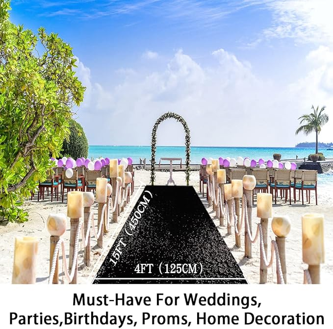 ShinyBeauty 4FT x 15FT Black Aisle Runner Tape | Shimmer Fabric Wedding Floor Runners with Glitter Carpet for Elegant Events