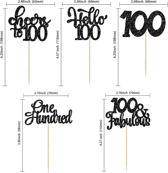 30pcs Happy 100th Birthday Cupcake Toppers - Black Glitter One Hundred Cheers to 100 Years Old Cupcake Picks for Anniversary Party Cake Decorations