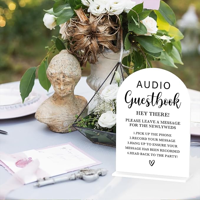 Acrylic Wedding Sign, Bridal Shower Decorations, Audio Guestbook Sign for Ceremony, Modern Font Table Signs, Acrylic Table Top Signs for Wedding Reception Engagement Parties and Event Party (White)