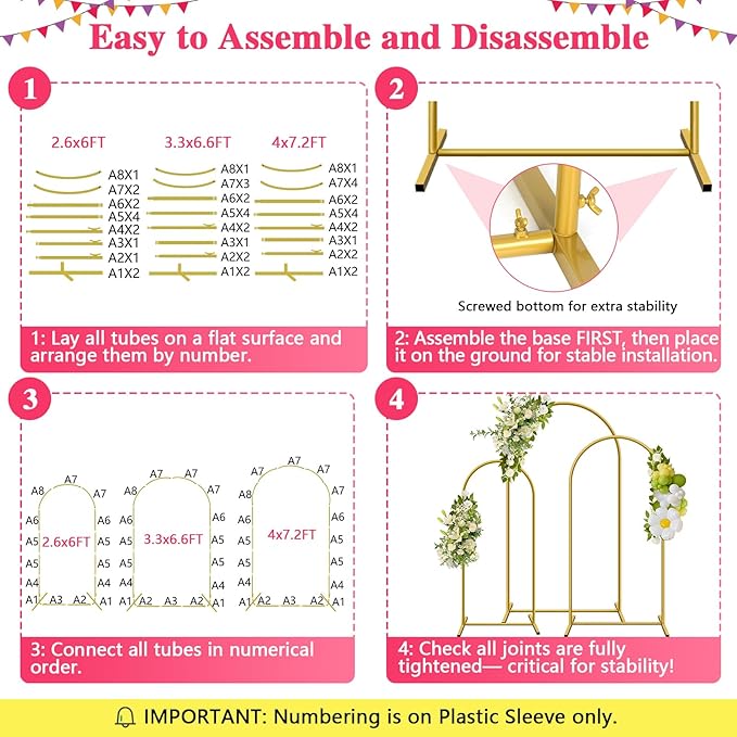 Metal Arch Backdrop Stand, Set of 3 (6/6.6/7.2 ft) Wedding Arched Frame with 12 Ground Nails, Stable Arched Background Stand for Wedding, Baby Shower, Birthday Party, Photography, Gold