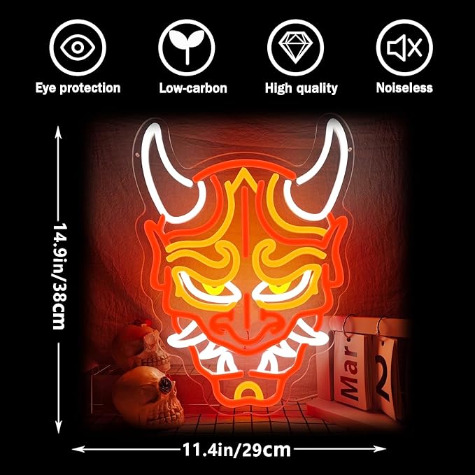Prajna Mask Neon Signs Hannya Mask Neon Sign Led Neon Signs for Wall Decor Tattoo Neon Sign for Tattoo Shop, Game Room, Bedroom, Man Cave Adjustable Brightness, Cool Japanese LED Signs Decor Perfect for Anime and Tattoo Lovers