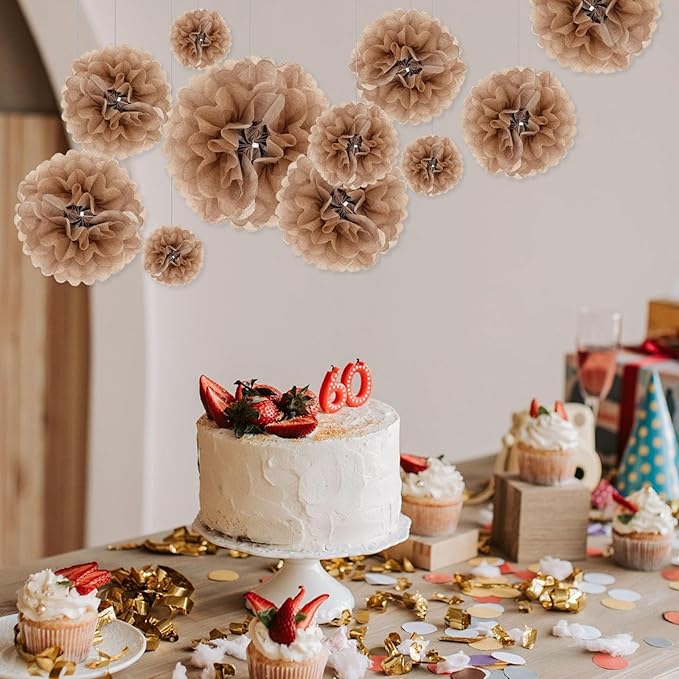 Tissue Paper Pom Poms, Brown Tissue Paper Flowers, Hanging Flower Balls for Weddings Fiesta Parties Birthday Baby Showers Classroom Bridal Shower Decoration (20Piece Set-6/10/12/14Inch)