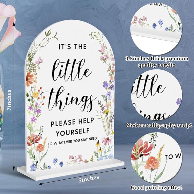 Acrylic Wedding Signs, It's the Little Things Signs for Marriage Reception, Bridal Shower Decorations, Modern Arched Round Top Acrylic Table Top Sign with Holder for Wedding Party (White Wildflowers)