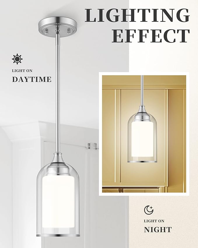 LIROUVET 2 Pack Pendant Light Fixtures, Modern Dual Glass Pendant Lights, Brushed Nickel Hanging Light with Clear and Milk Glass, Pendant Lights Kitchen Island for Dining Room PL02BN-2PK