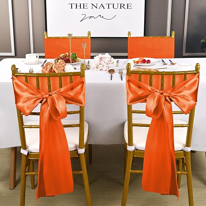 fani 60 PCS Orange Satin Chair Sashes Bows Universal Chair Cover for Wedding Reception Restaurant Event Decoration Banquet,Party,Hotel Event Decorations (7 x 108 inch)