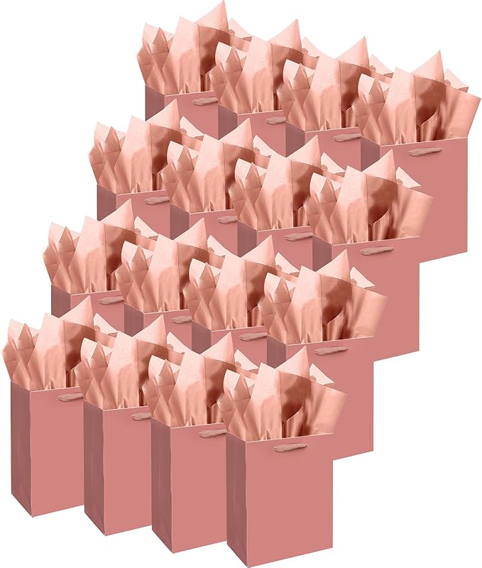 Gcardist Cinnamon Pink Gift Bags with Tissue Paper for Wedding, Birthday, Party Supplies - Medium Size Cardboard Gift Bags (16pcs + 32pcs Tissue Paper)