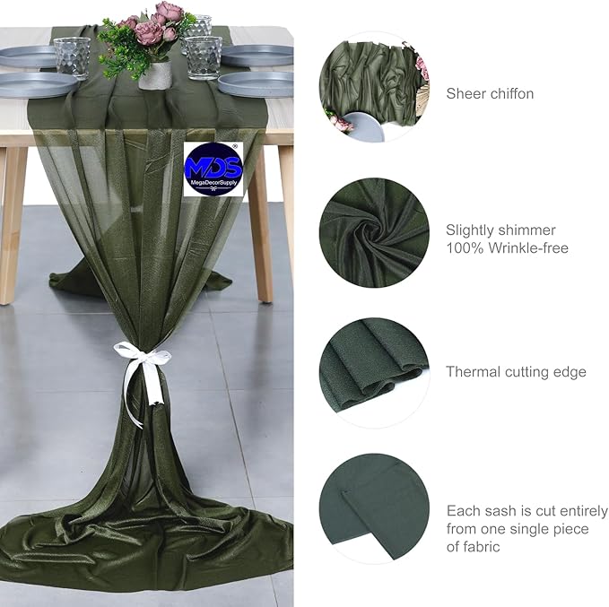 MDS Halloween Chiffon Table Runner - 5 Pack, 29 x 170 Inches, 14ft Each - Sheer Spooky Table Runners for Haunted House Parties, Trick-or-Treat Tables, Witchy Décor, Wedding & Events - Olive Green