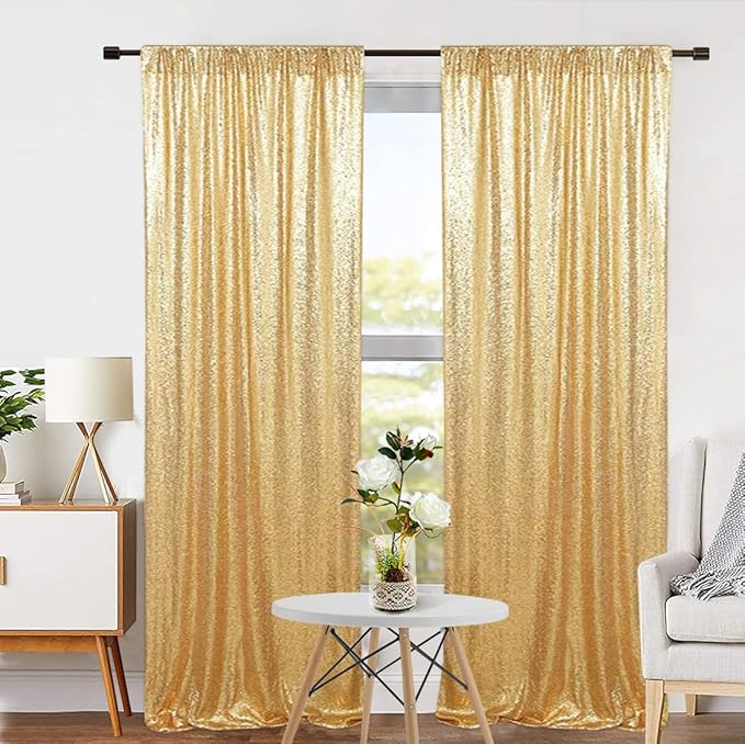 Eternal Beauty Gold Sequin Backdrop Curtains, Shimmer Back Drop 2Panels-2FTx8FT for Christmas, Party, Birthday, Photography, Wedding, Baby Shower Event Decoration