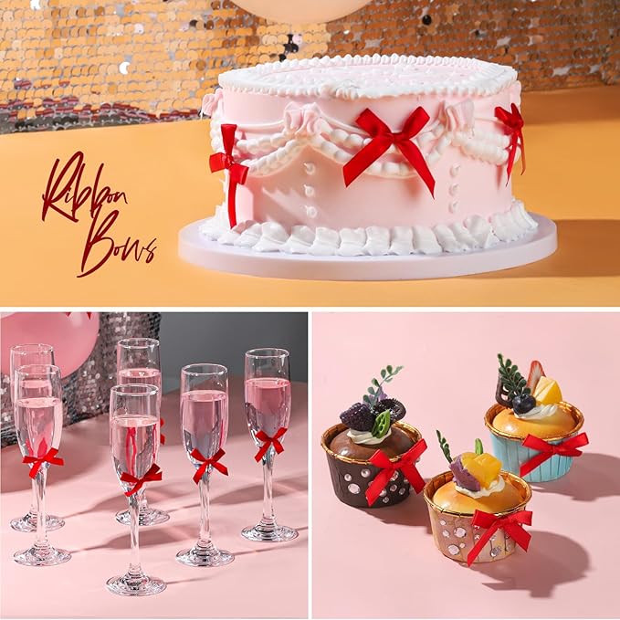 YGDZ 50 PCS Mini Red Bows, Red Satin Ribbon Bows, Small Bows for Crafts, Tiny Bow for Mother Day, Party Decorations, Balloon, Gift Box Packaging