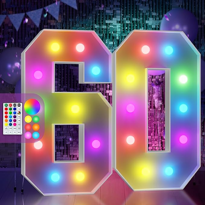 Marquee Numbers Colorful 60th-Birthday Decoration: 4FT Large Light Up 60 Year Old Birthday Decorations Anniversary Backdrop for Men Women Cardboard White Sign 18 Colors Number 60 Mosaic Balloon Frame