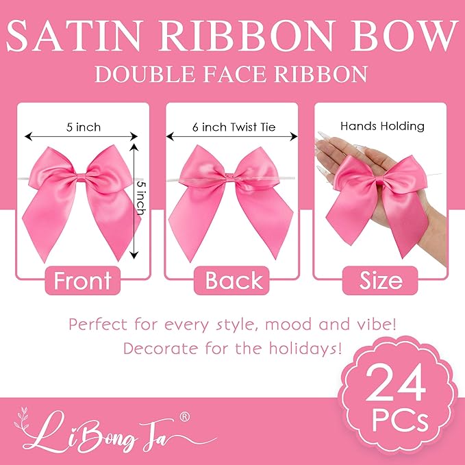 5'' Hot Pink Bow Party Decorations Satin Bows, Twist Tie Bows for Treat Bags, Cake Pops, Pre-Tied Bow Premade Ribbon Bows for Crafts, Holiday Bows for Gift Wrapping, Wedding Decor-24 Counts