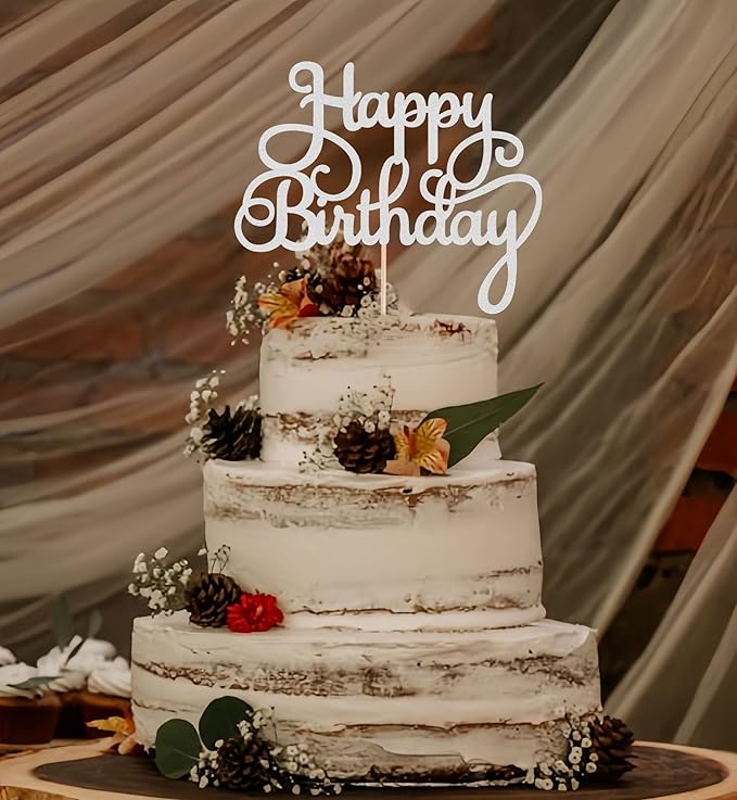 Happy Birthday Cake Topper - Silver Glitter Birthday Party Cake Decoration Supplies - Happy Birthday Cake Decor, for Anniversary/Birthday Party Supplies Photo Booth Props