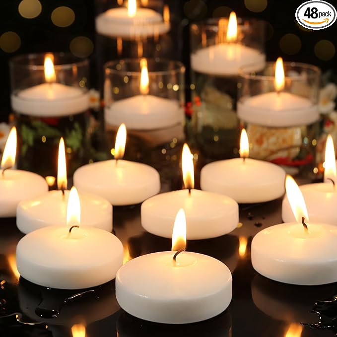 3 inch White Floating Candles, 48 Pack Unscented Floating Candle,8-9 Hours Burning Floating Candles for Centerpieces, Water Candles for Cylinder Vases, Wedding, Party, Pool
