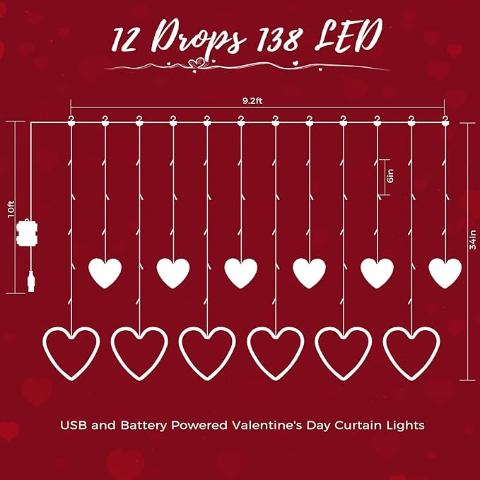 Valentines Day Decor, 138LED 12 Hearts Curtain Lights for Bedroom, Window Lights with Remote 8 Modes, USB and Battery Powered Valentines Lights for Wedding Birthday Anniversaries Party Decor (Red)