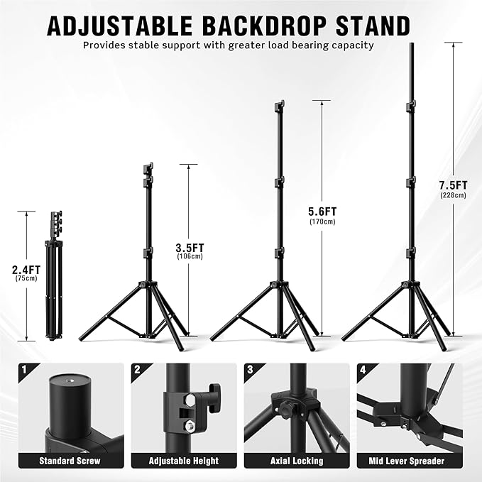 Backdrop Stand 10 x 7.5 FT for Photography Studio, Adjustable Photo Backdrop Stand Kit for Parties, Background Stand with Sandbags, Spring Clamps, Carrying Bag