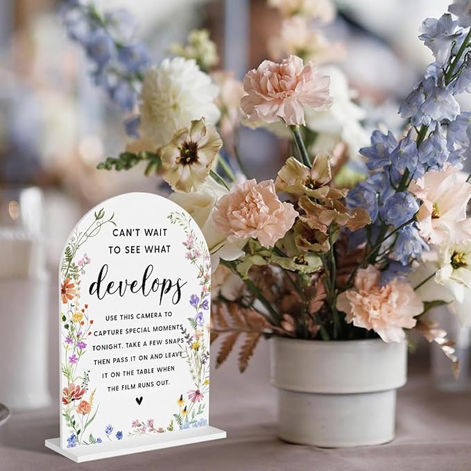 Acrylic Wedding Signs, Bridal Shower Decorations, Modern Arched Round Top Acrylic Table Top Sign with Holder for Wedding Reception Party Dinner - Can't Wait to See What Develops (White Wildflowers)