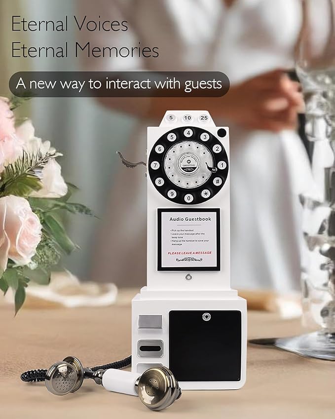 Audio Guest Book Wedding Phone with Vintage Design, Record Customized Audio Message Guest Book for Wedding, Party and Gathering, White