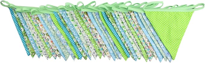10M/32Ft Triangle Bunting Banner, 36 Pcs Cotton Fabric Flags Pennant Garlands for Birthday Party, Wedding, Baby Shower, Outdoor and Home Decorations (Green)