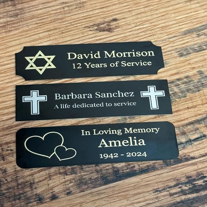 GEM AWARDS Custom Engraved Name Plates with Adhesive, Made in USA, Personalized Pet Urn Memorial Plaque, Art Tag, Flag Case (Black Plate/Gold Text, 2x4 Inch)