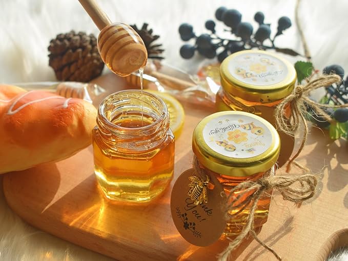 IIKUM 60 Pack 1.5 oz Hexagon Mini Glass Honey Jars with Wooden Dippers, Bee Pendants, Gift Bags, Thank You Cards, Jutes and Cute stickers- Perfect for Baby Shower, Wedding Favors and Party Favors