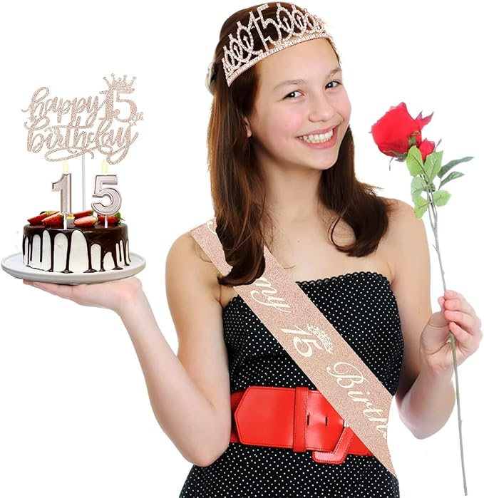 15th Birthday Decorations for Girls, Including Sash, Crown/Tiara, Candles, Cake Toppers. 15th Birthday Gifts for Girls