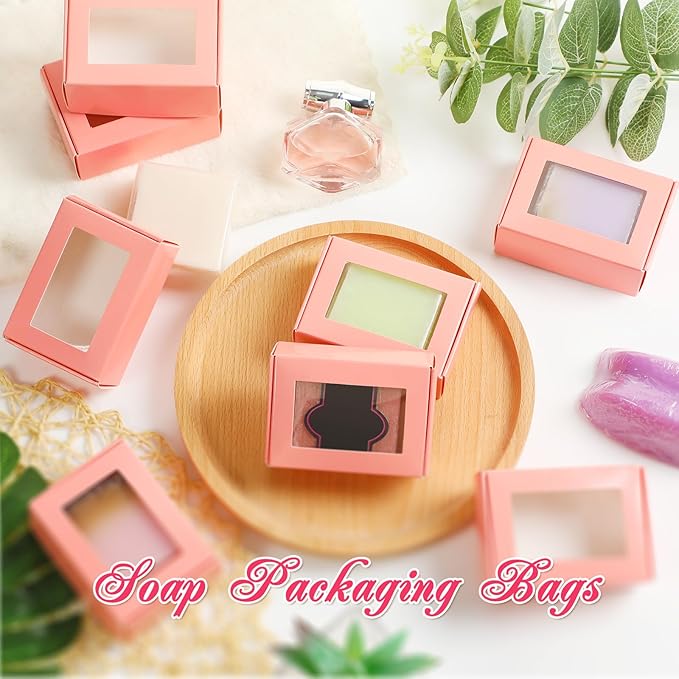 Zonon 30 Pcs Soap Boxes for Homemade Packaging, Mini Kraft Treat Boxes with Window for Bakery Candy Soap Making Gift Packaging(3.5 x 2.4 x 1.2 Inch,Pink)
