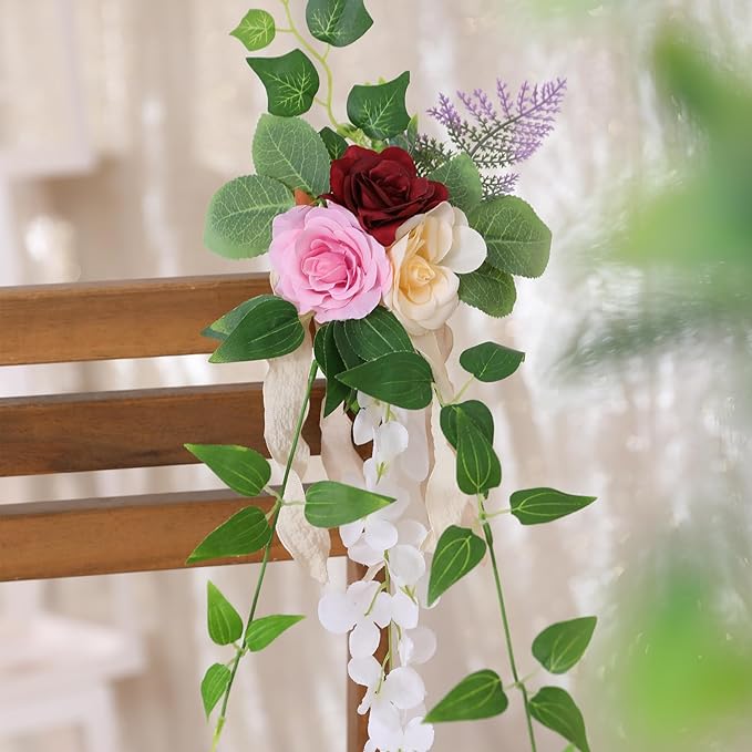 Wedding Aisle Decorations Set of 10 Chair Back Flowers Floral Pew Wedding Decorations for Ceremony with Chiffon Ribbons Fall Decor