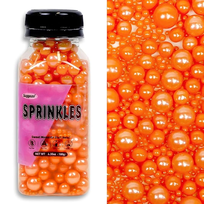 Edible Orange Pearl Sugar Sprinkles, Edible Sugar Sprinkles, Pearls for Cake Decorating, Ice Cream Toppings, Cookie Decorations, Wedding Party Halloween Supplies, 180g/6.35oz