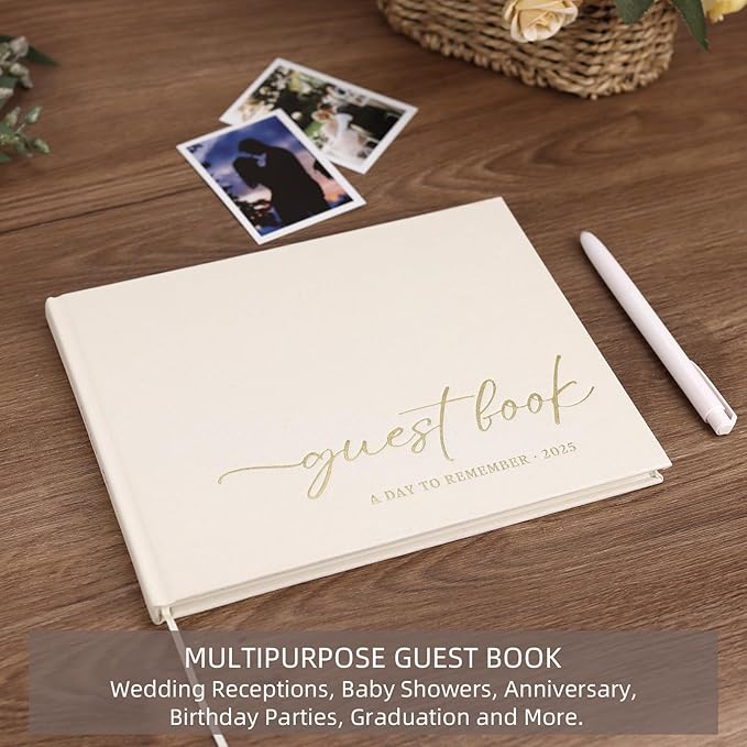 Elegant Guest Book for Wedding Reception, Beautiful Guestbook for Baby Shower and Wedding Decor, 100 Blank Pages for Sign in, Polaroid Pictures and Photos, Linen Cover (2025, Beige)
