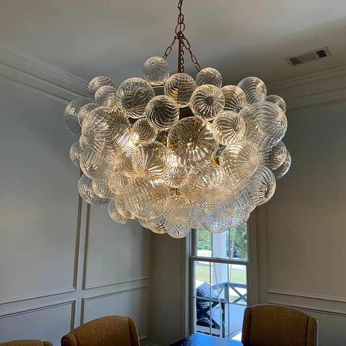 Nordic Bubble Ball Swirled Glass Chandelier, Dia 36 inch Gild Gold and Clear Blown Glass Large Pendant Light Fixture for Bedroom Study Restaurant Entry Room