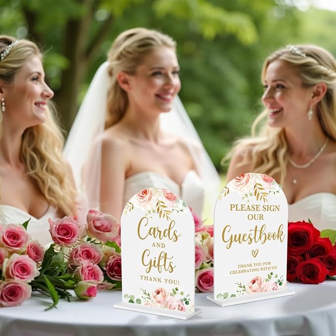2 Pcs Acrylic Wedding Signs for Reception, Bridal Shower Decorations, Cards and Gifts Signs, Guest Book Sign, Arch Acrylic Table Top Sign with Holder for Wedding Reception (White Pink Flowers)