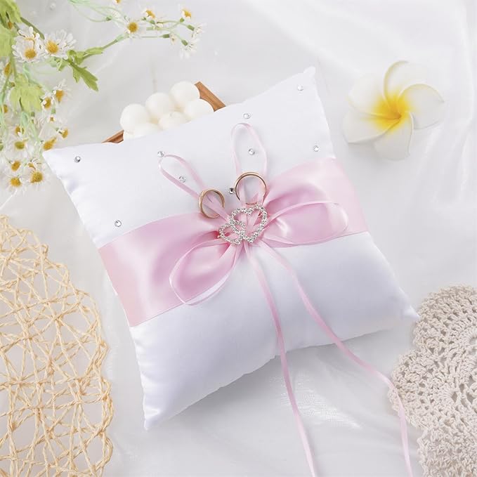 QIRMIZI Wedding Ring Pillow and Flower Girl Basket Set – Adorned with Pearl Rhinestones, White Satin,Pink