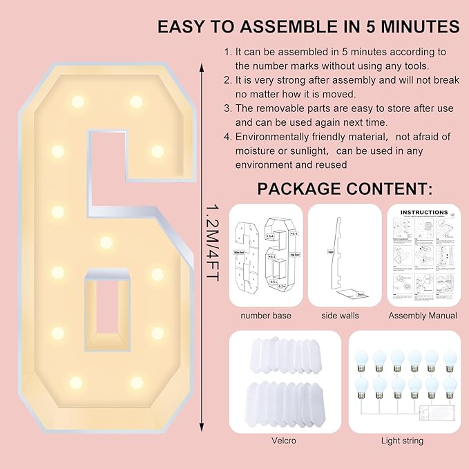 4FT Plastic Marquee Numbers 6 - Light up Numbers Are Made from Corrugated Plastic Board - Quick Assembly Without Tools, Disassembled Components Can Be Used for Photo Wall Decoration, Yard Sale Signs