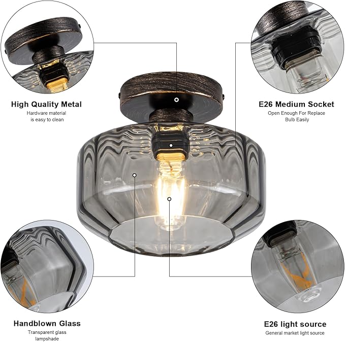 Smoked Glass Flush Mount Ceiling Light with 1200LM LED - Black Champagne Gold 8.66" Damp Rated Fixture for Bathroom Kitchen Hallway Modern Lighting