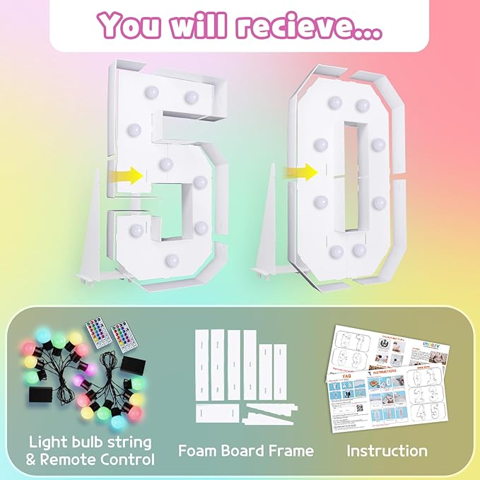 Marquee Numbers 50th-Birthday Decoration: Colorful 3FT Large Light Up 50 Year Old Birthday Decorations Anniversary Backdrop for Boys Girls Cardboard Sign 18 Colors Number 50 Mosaic Balloon Frame