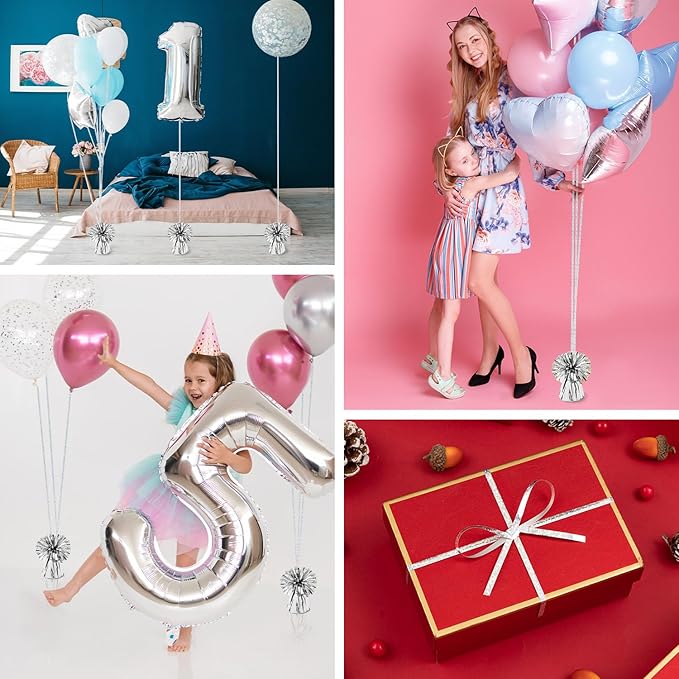 24 PCS Balloon Weights Metallic Anchor, Balloon Holder Heavy Weights with and 1 Roll Iridescent Crimped Ribbon for Balloons Table Party Favor Birthday Decor(Silver)