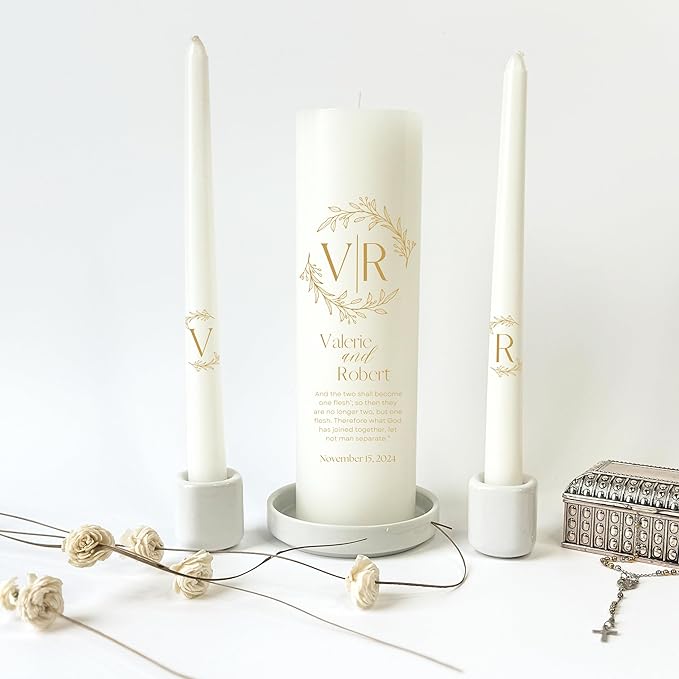 Unity Candles for Wedding, Modern Unity Set, Custom and Personalized Pillar and Taper Candles with Bible Quote, Unscented White Premium Wax, Religious and Wedding Ceremony, Special Events (Goldie)