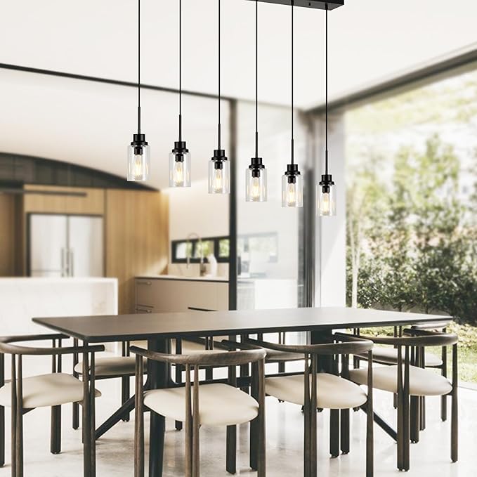 6 Lights Island Lights for Kitchen Modern Industrial Black Linear Chandeliers with Clear Glass Shade for Dining Room Kitchen Long Finish Ceiling Lighting Fixtures
