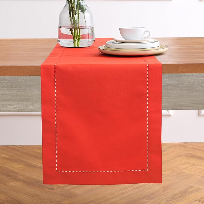 Solino Home Cotton Linen Table Runner 60 Inches - Poppy Red Hemstitch Table Runner 14 x 60 Inch Ideal for Dresser and Coffee Tables - Halloween