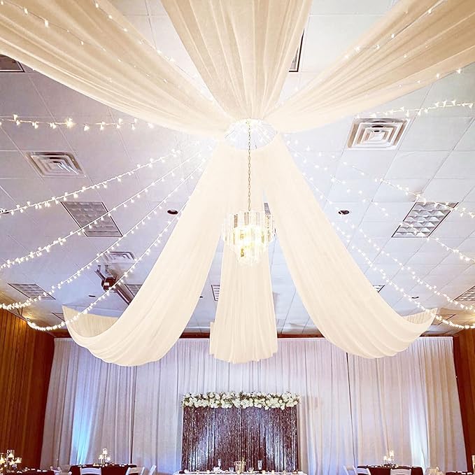 FUHSY Ceiling Drapes for Weddings 4 Panels 5x20 FT Champagne Chiffon Fabric Drape Sheer Backdrop Curtains for Bridal Wedding Arch Draping Fabric Tent Ceiling Curtains Hanging Kit for Bedroom Canopy