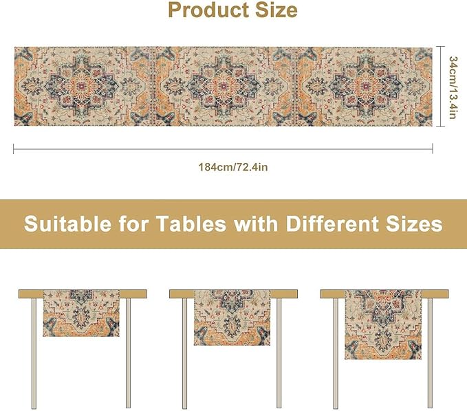 Bohemia Orange Table Runner, Rustic Farmhouse Vintage Geometric Floral Print Table Cover for Home Kitchen Dining Table Party Decor, 13x36inch