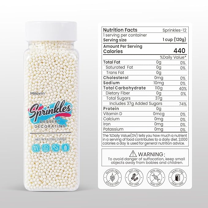 White Nonpareils Sprinkles, Edible 2mm Pearl, White Sprinkles for Cake Decorating, Cake Pops, Cupcakes, Cookies, Macaron, and Ice Cream(120g/4.23oz)