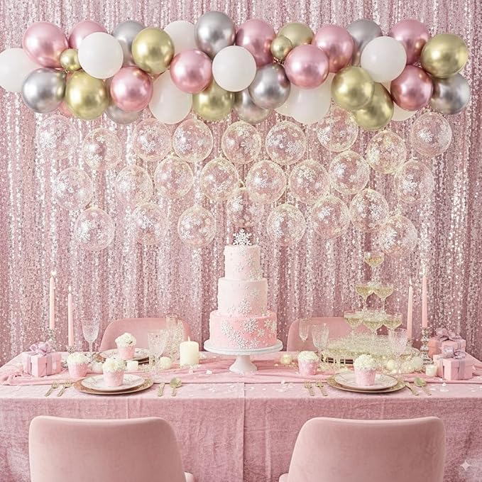 Pink White Winter Wonderland Snowflake Balloons Set, Metallic Light Pink Gold Silver White Snowflake Confetti Balloons for Girl Christmas Birthday Winter Onederland Baby Shower Xmas Party Decorations