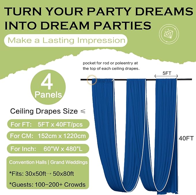 PartyVillage 20ftx40ft Royal Blue Ceiling Curtain for Wedding Parties – 4 Panels Wrinkle-Free 40 FT Long Tent Draping Curtains for Wedding, Birthday & Theme Parties, 40ft Height with Rod Pocket