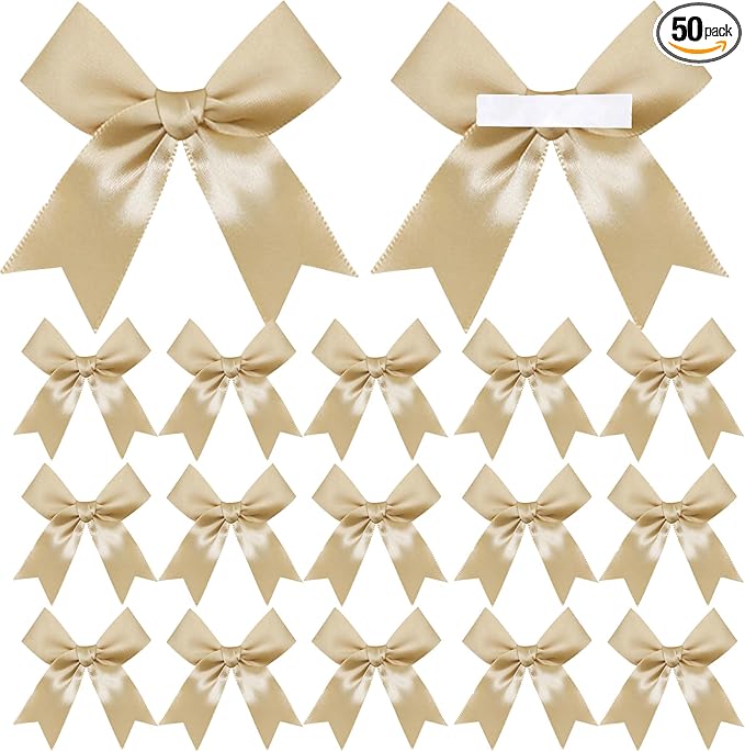 50 Pieces Gift Wrap Bows Premium Satin Ribbon Bows 3.3 Inch Craft Bows for Gift Wrapping DIY Treat Bags Holiday Gifts Bag Party Decorations, Wedding Decor Christmas Birthday Presents (Golden)