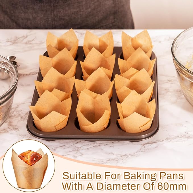 600 Pcs Jumbo Muffin Liners for Baking 2-1/4" x 4" Large Tulip Cupcake Liners Greaseproof Cupcake Wrapper Paper for Weddings Birthday Christmas Anniversaries Party (Light Brown)
