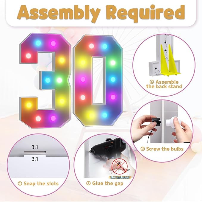 Marquee Numbers Colorful 30th-Birthday Decoration: 4FT Large Light Up 30 Year Old Birthday Decorations Anniversary Backdrop for Men Women Cardboard White Sign 18 Colors Number 30 Mosaic Balloon Frame