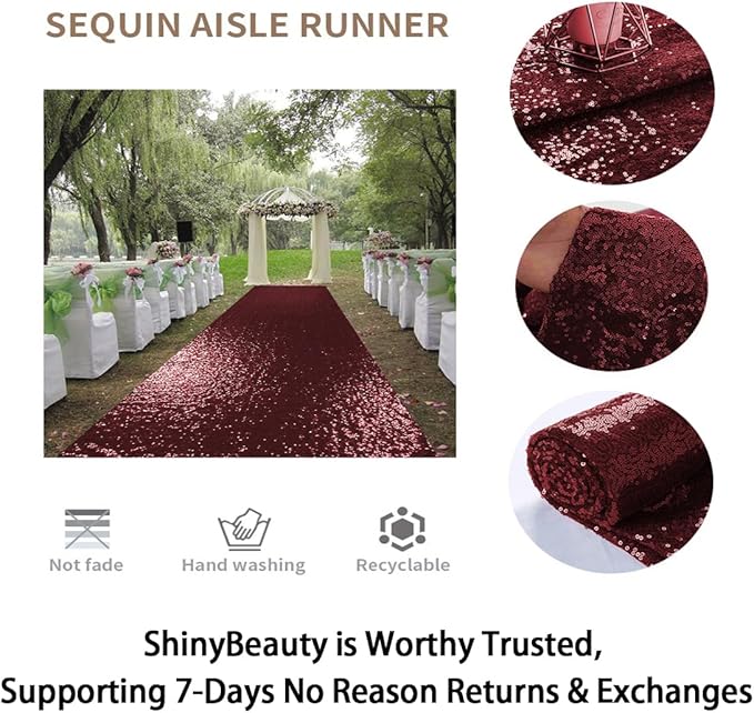 ShinyBeauty Sequin Aisle Runner Rug 4x15FT - Sparkly Burgundy Carpet for Wedding, Christmas, Party Decor - Glittering Floor Mat (48x180 Inch)